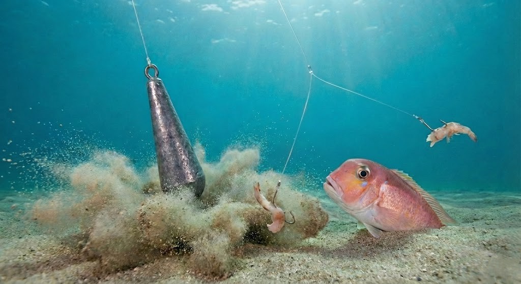 海底で砂煙を上げてアマダイを誘う小突き釣りのイメージ