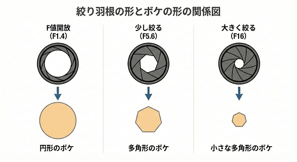 ピント面から外れた光は円形に広がる。絞りの形がそのままボケの形になる。