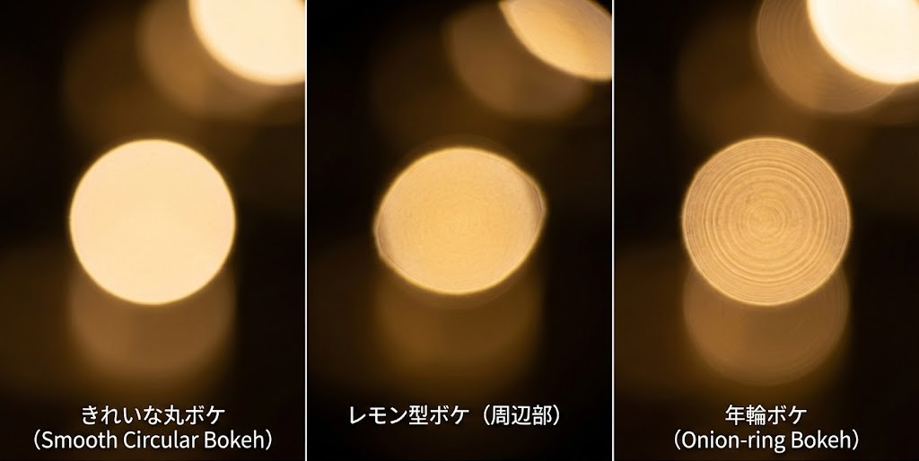 レンズの特性によって、ボケの質（形や内部の美しさ）が変わる。