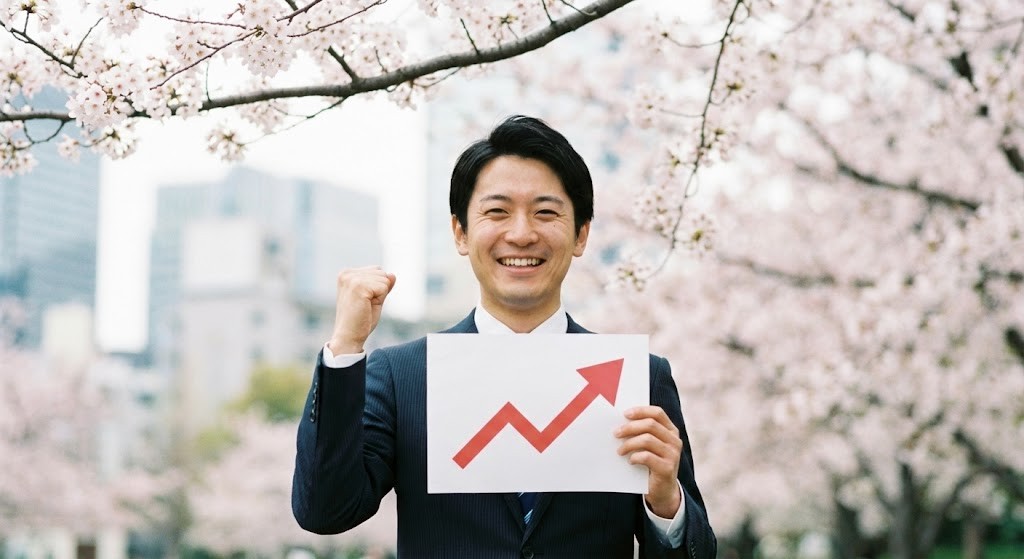 春闘で給与が上がったことを喜ぶ図