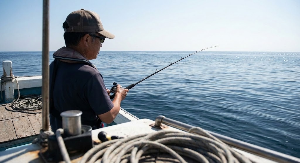 晴れた日の海で船釣りを楽しむ釣り人