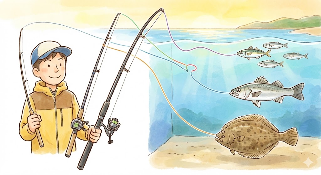 竿の長さ・調子・ラインの太さで釣れる魚一覧のイメージ図解（シーバス・ヒラメ・アジ）