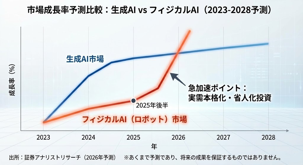 2026年以降のフィジカルAI市場規模予測グラフ。ソフトウェアからハードウェア融合へトレンドが移行している様子。