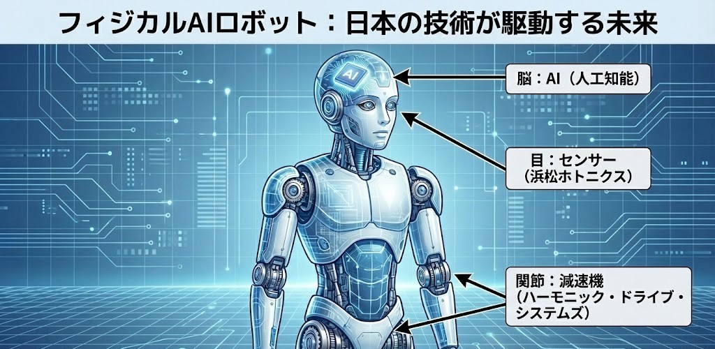フィジカルAIロボットの構成要素と日本企業の関連技術（減速機、センサー、モーター）の解説図。