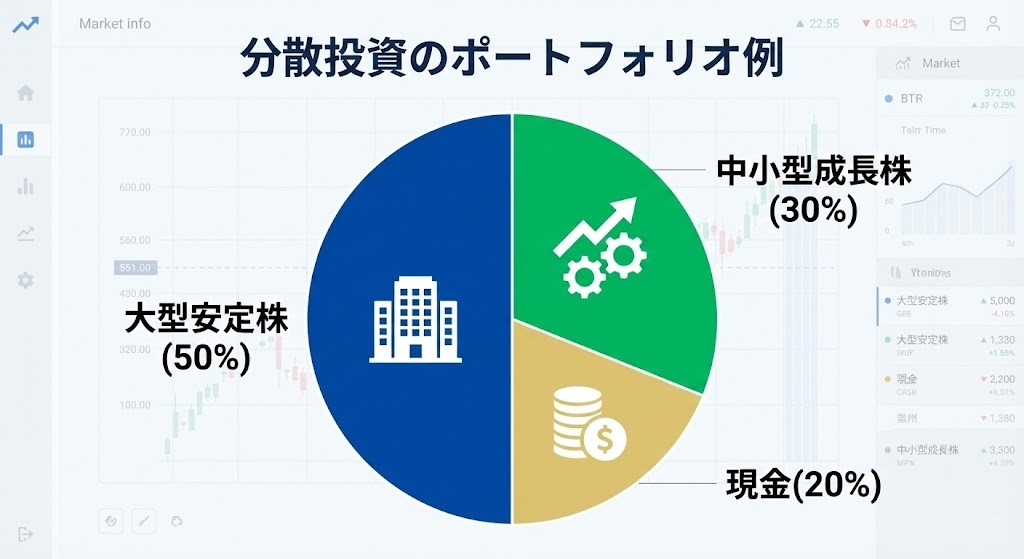  「分散投資のポートフォリオ例」の円グラフ。大型安定株（50%）、中小型成長株（30%）、現金（20%）の比率イメージ。