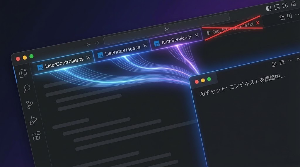 VS Codeのエディタ画面全体図。上部のタブバーを赤枠で囲み、「ここに開かれているファイルがAIの知識になる」という注釈を入れたスクリーンショット