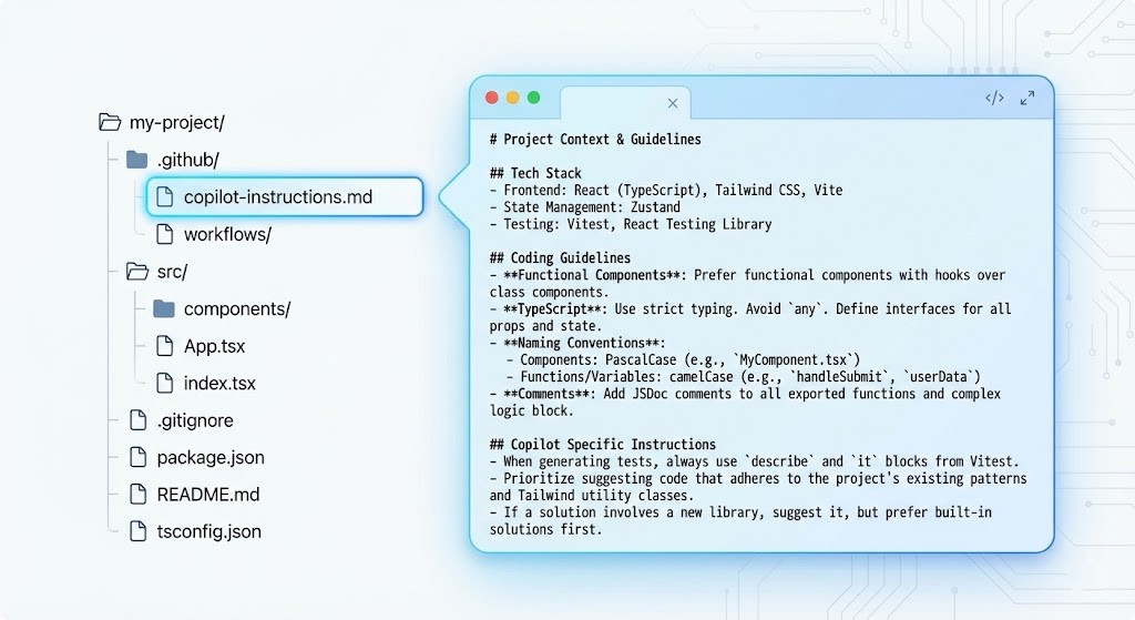 リポジトリ構成図。.github/copilot-instructions.md ファイルが配置されており、その中身（Markdownテキスト）が吹き出しで表示されているイメージ