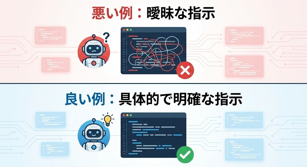 曖昧なプロンプトと具体的なプロンプトの比較図