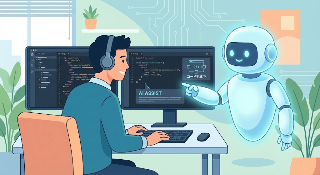 AIエージェントと一緒にコーディングを行うエンジニアのイラスト