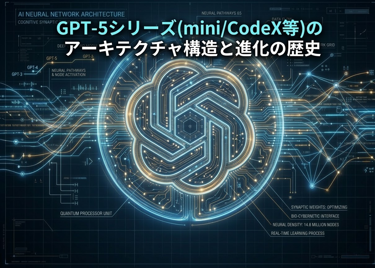 GPT-5からGPT-5.4のアーキテクチャ進化を表現したサイバーな図解イメージ