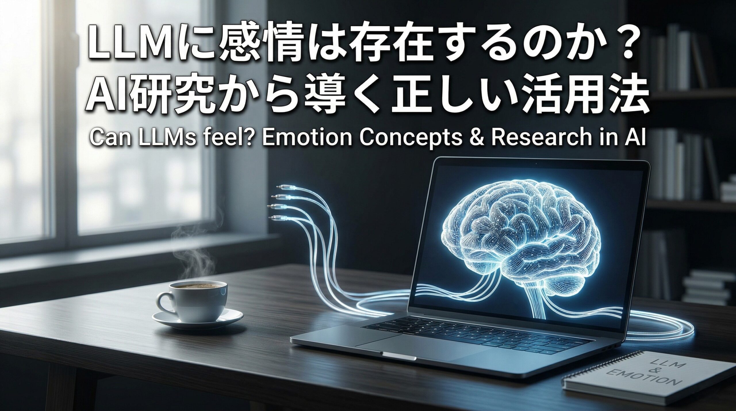 LLMと感情の研究を象徴する人工知能の脳とノートパソコン