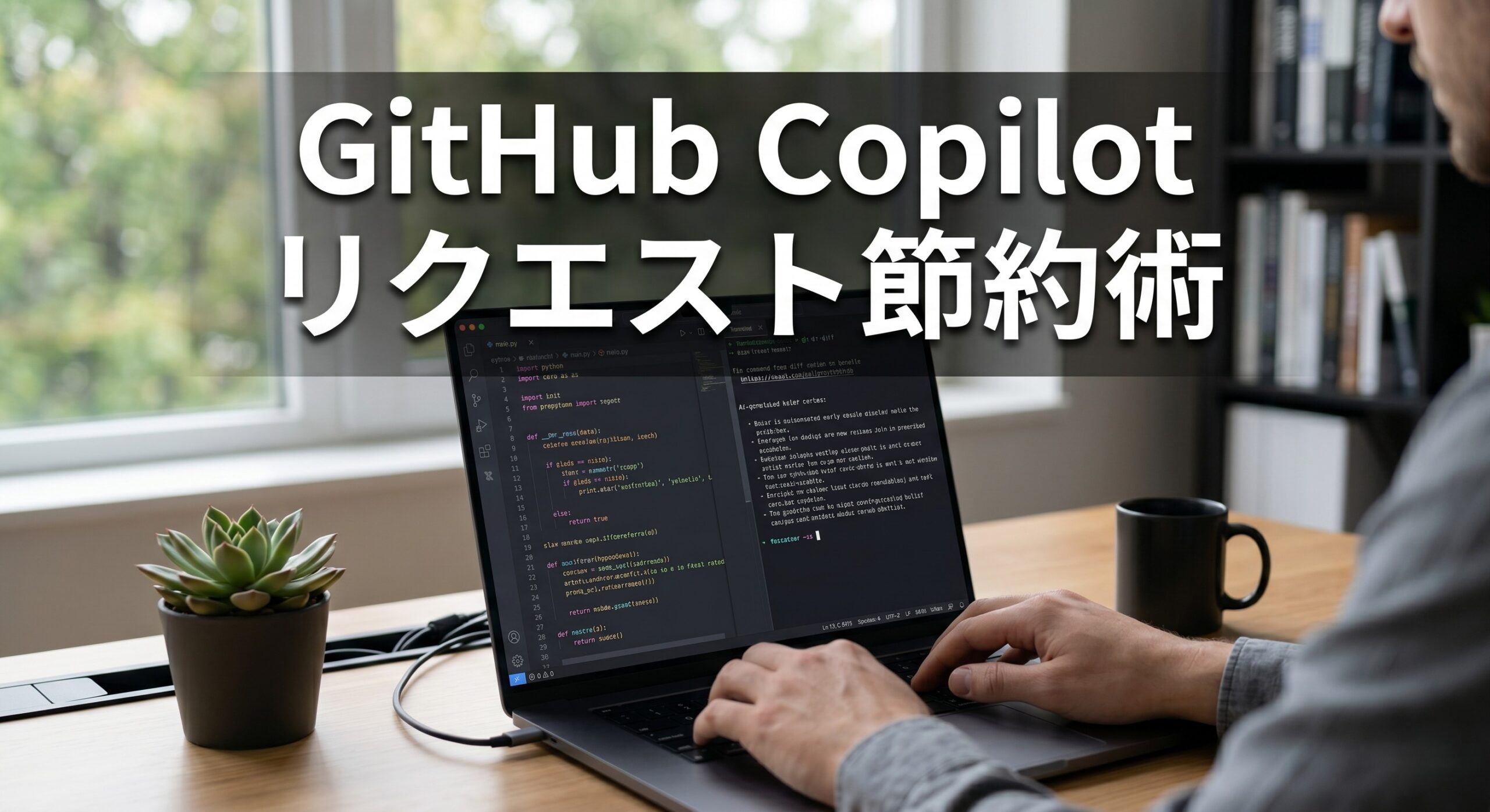 ノートパソコンとコーヒーが置かれた、落ち着いた雰囲気のデスク環境