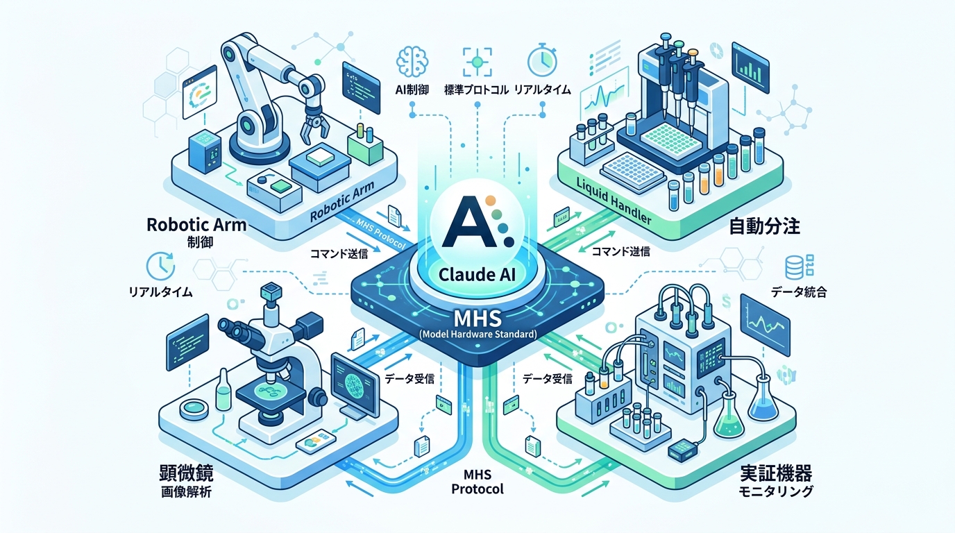 AnthropicのAIが物理機器を制御する「MHS(Model Hardware Standard)」の概念図。ロボットアーム・顕微鏡・液体ハンドラーなどの実