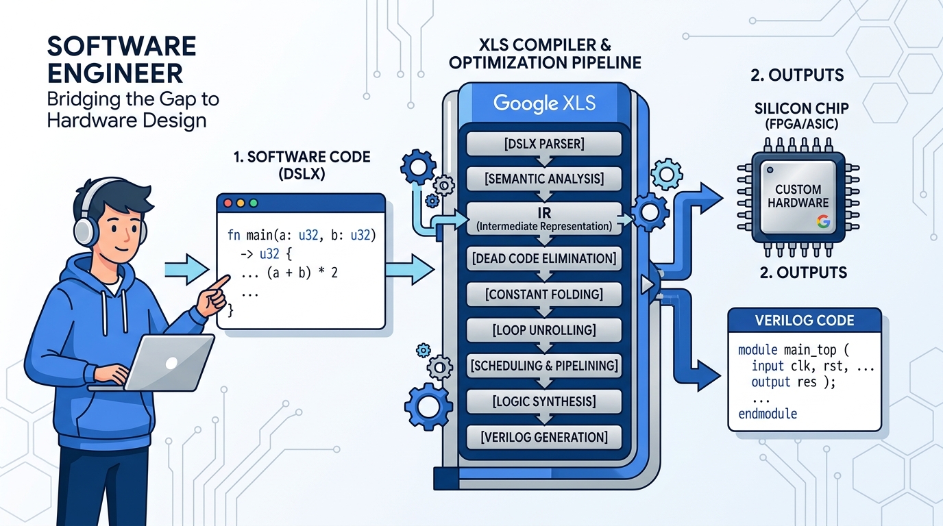 GoogleのXLS(Accelerated HW Synthesis)ツールチェーンの概念図。左側にソフトウェアコード(DSLX言語)、中央にXLSのコンパイ
