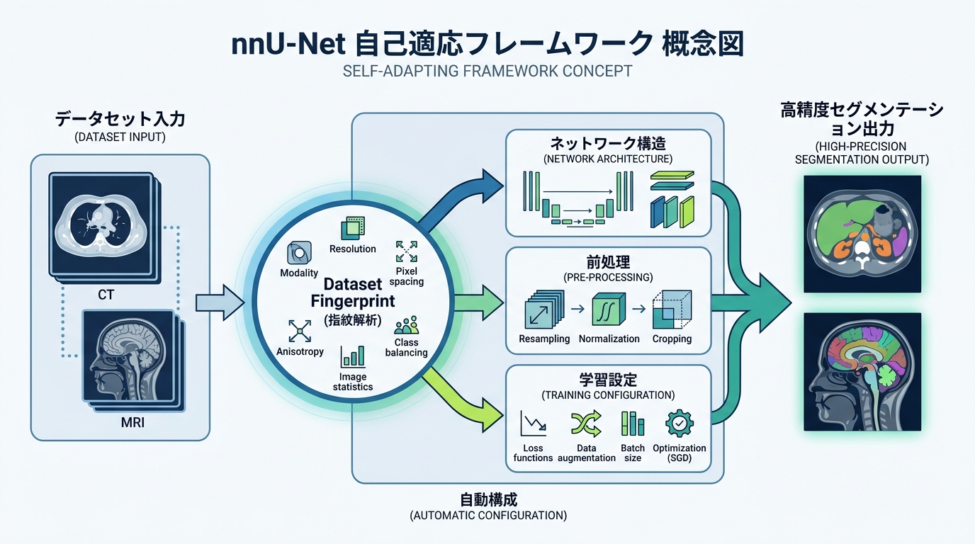 nnUNetの自己適応フレームワークの概念図。データセット入力→指紋解析→ネットワーク・前処理・学習設定の自動決定→高精度セグメンテーション出力。スタイル:フラ
