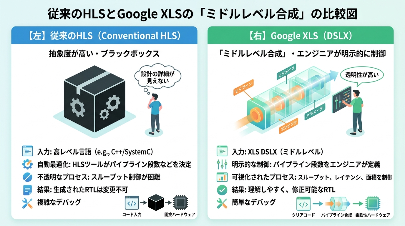 従来のHLS(高位合成)とGoogle XLSの「ミドルレベル合成」の比較図。左に従来HLS: 抽象度高い・ブラックボックス・設計の詳細が見えない、右にXLS: