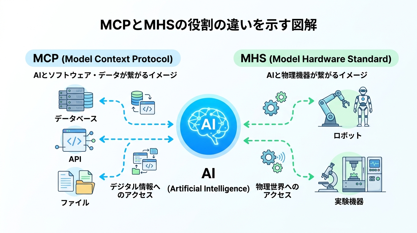 MCPとMHSの役割の違いを示す図解。左側に「MCP(Model Context Protocol)」でAIとソフトウェア・データが繋がるイメージ(データベース