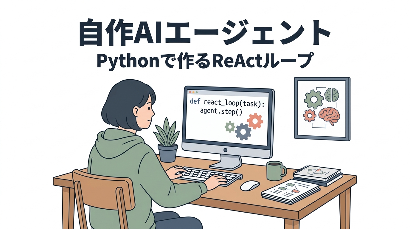 Pythonで自作するAIエージェントとReActループの解説図