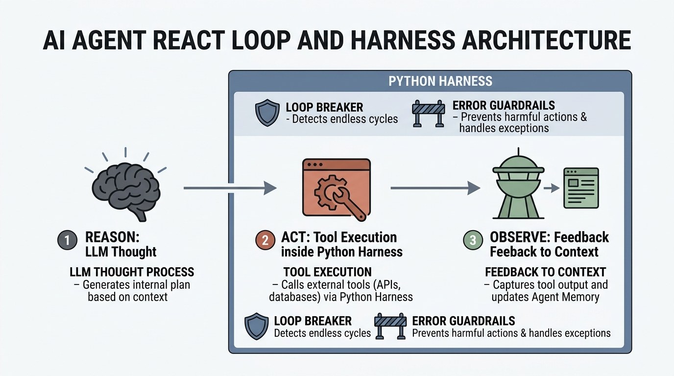 自作AIエージェントのReActループとPythonハーネス制御基盤のアーキテクチャ図解