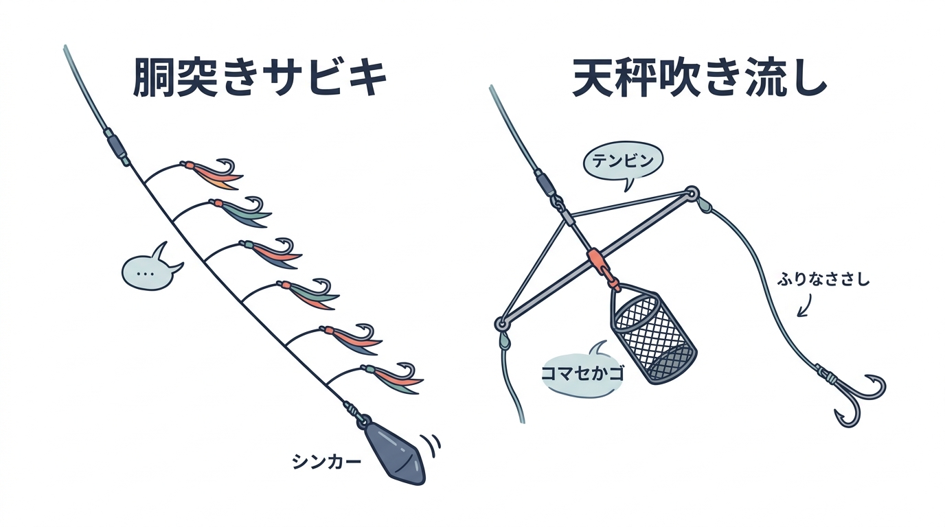 船アジ釣りの2大仕掛け「胴突きサビキ」と「天秤吹き流し(ビシアジ)」の構造比較図