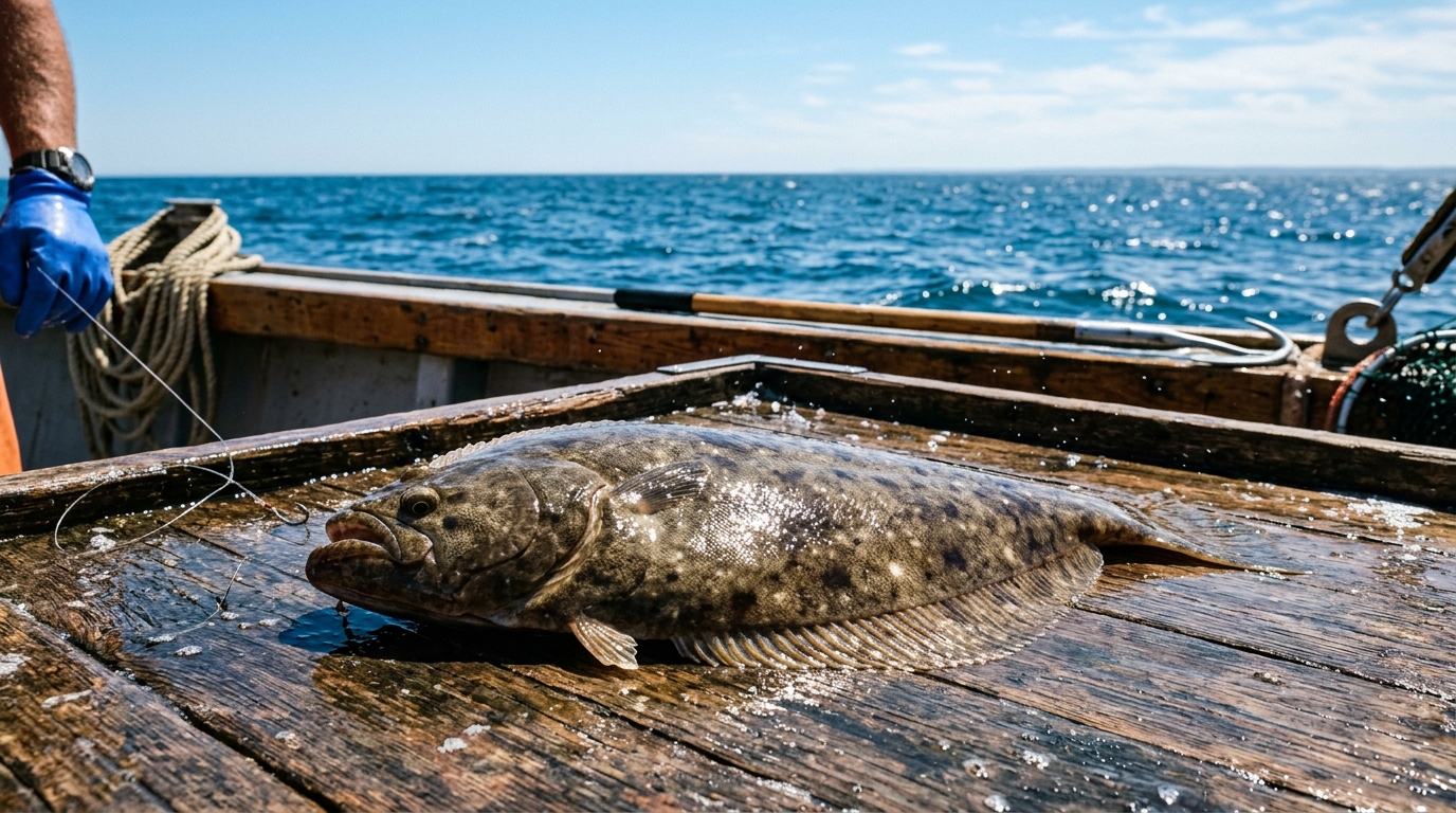 船の泳がせ釣りで釣り上げた肉厚な寒ヒラメの釣果実写写真