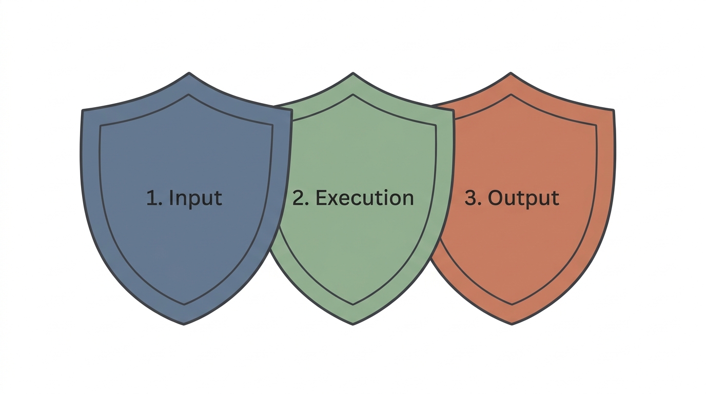 A simple, clean explanatory infographic illustration showing multi-layer securit