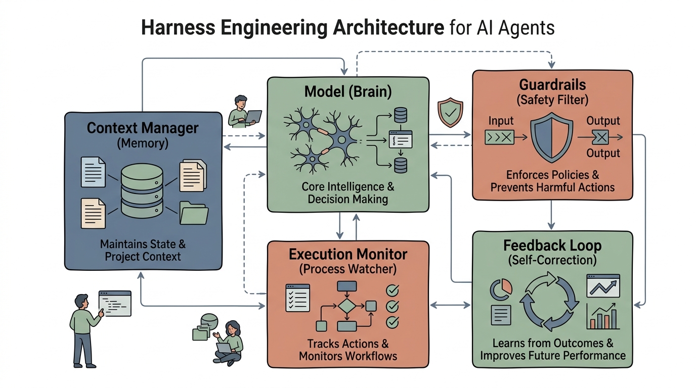 ハーネスエンジニアリングの制御基盤アーキテクチャ図(Model, Guardrails, Execution Monitor, Context Manager, Feedback Loop)