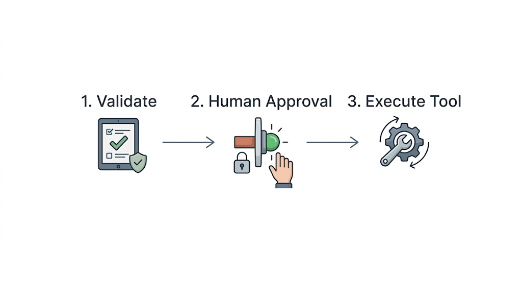 A simple, clean explanatory infographic illustration showing tool execution.