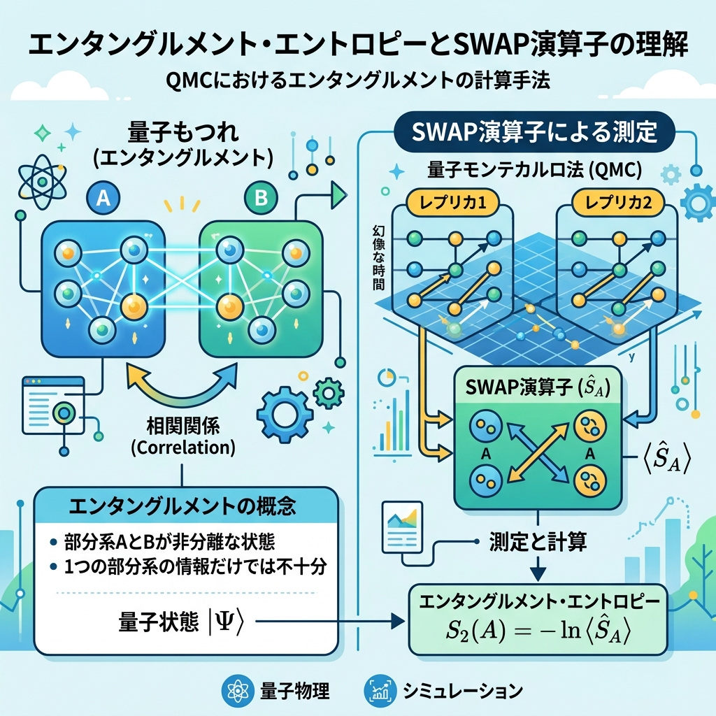 An illustration explaining the concept of Entanglement Entropy and the SWAP oper