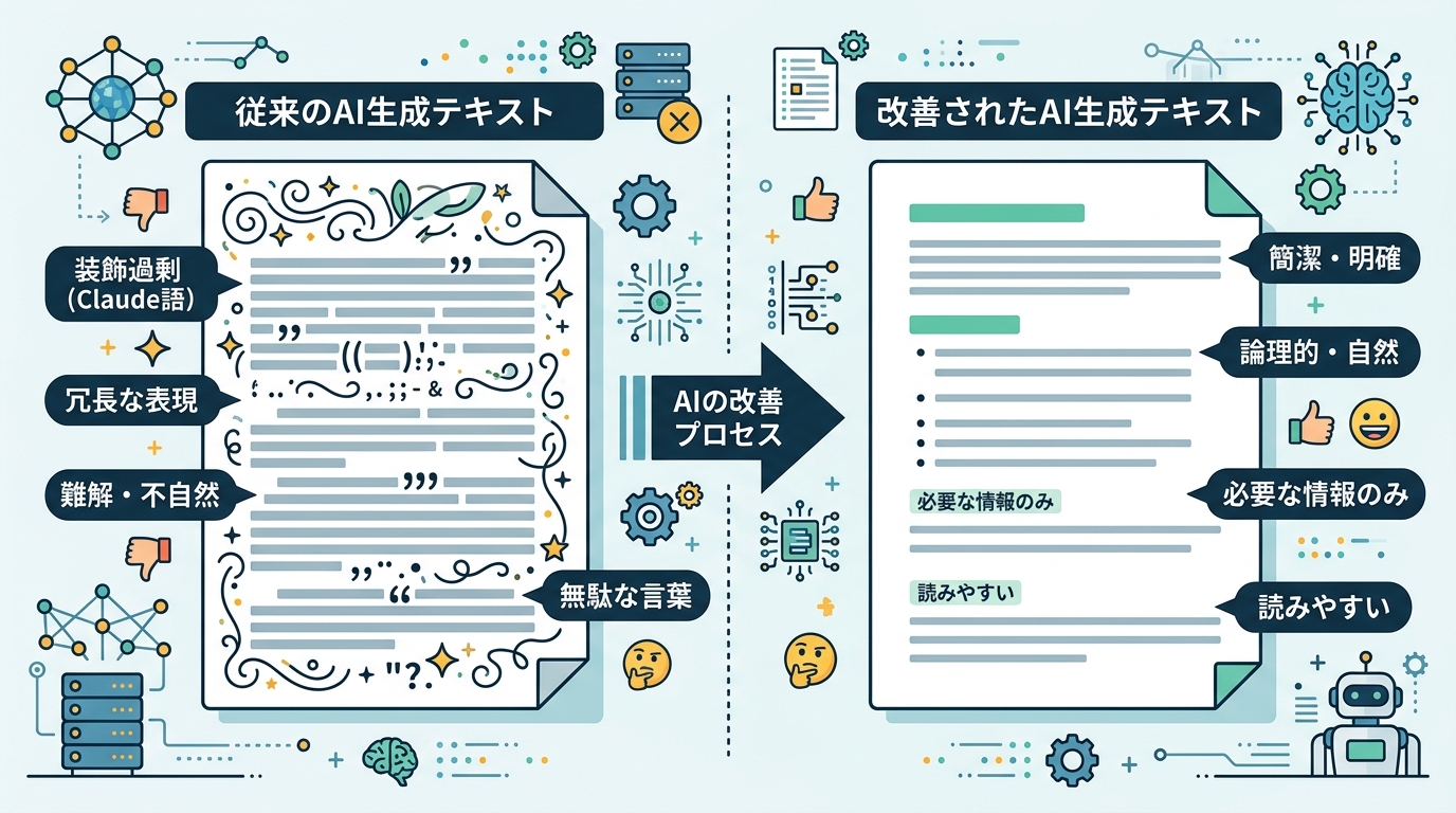 An illustration explaining the improvement of AI generated text. Include Japanes