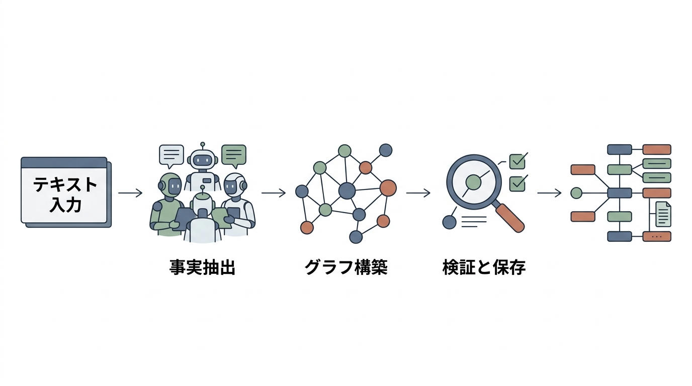 自動化されたエージェント・スウォームのワークフローを示す、シンプルでわかりやすい解説図