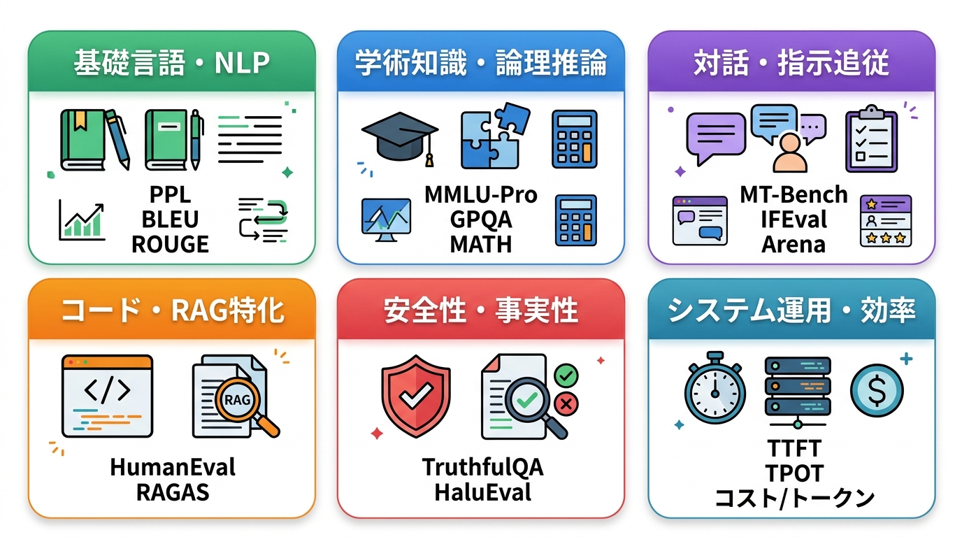 LLM評価指標の6大カテゴリマップ(基礎NLP、知識推論、対話、特化、安全性、システム)。スタイル: フラットデザイン、明るい配色、余白多め
