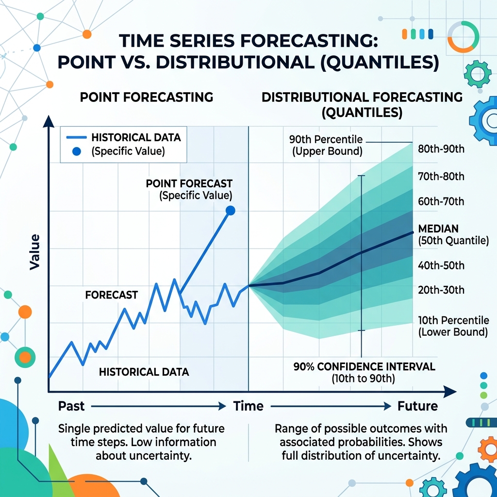 An illustration showing the difference between point forecasting and distributio