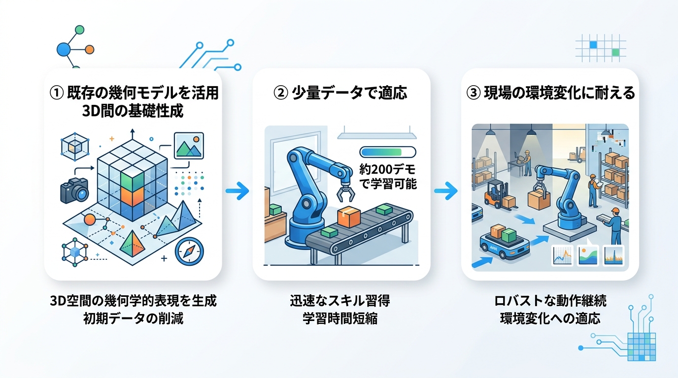既存の幾何モデルを活用したロボット開発と実務適応のワークフロー図。スタイル: フラットデザイン、明るい配色、余白多め