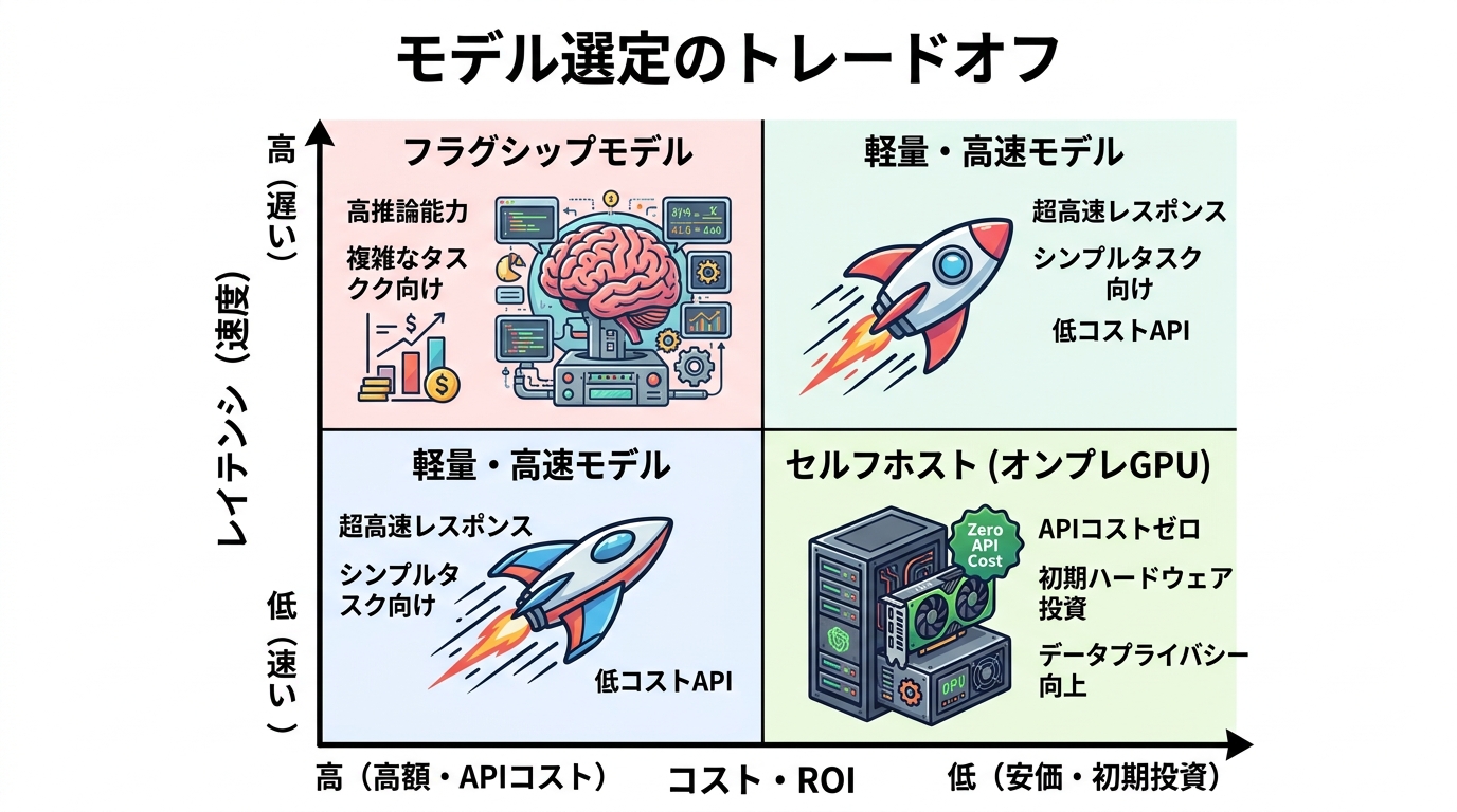 本文挿絵2_モデル選定のトレードオフ:レイテンシvsコスト・ROIのマトリクス比較図。フラグシップ、軽量モデル、オンプレGPUの使い分け。純白背景、インディーズ