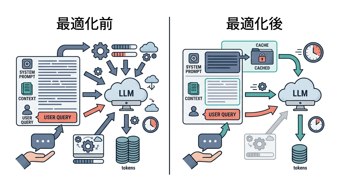 LLMプロンプトの最適化前(Before)とプロンプトキャッシュ適用後(After)のトークン削減構造比較図