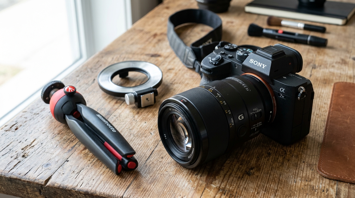 筆者が愛用する中望遠等倍マクロレンズ(Sony FE 90mm F2.8 Macro G OSS)と接写用ミニ三脚の実機写真