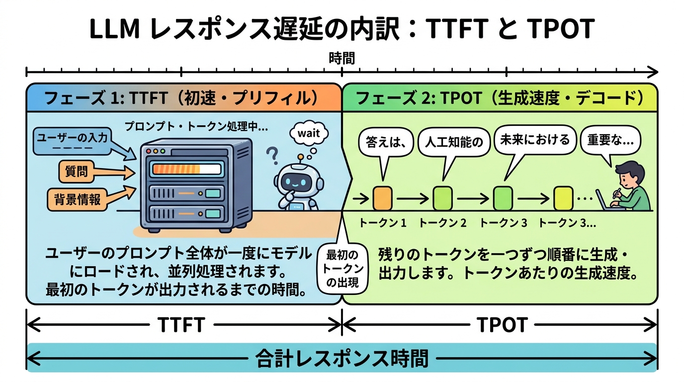 本文挿絵1_LLMレスポンス遅延の内訳:TTFTとTPOTのタイムライン図解。フェーズ1のTTFT(プリフィル)とフェーズ2のTPOT(デコード)の対比。純白背