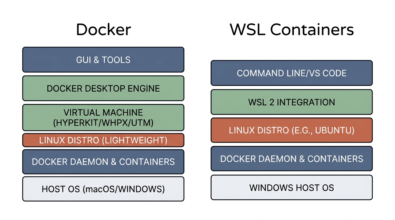 A simple, clean explanatory infographic illustration comparing Docker Desktop