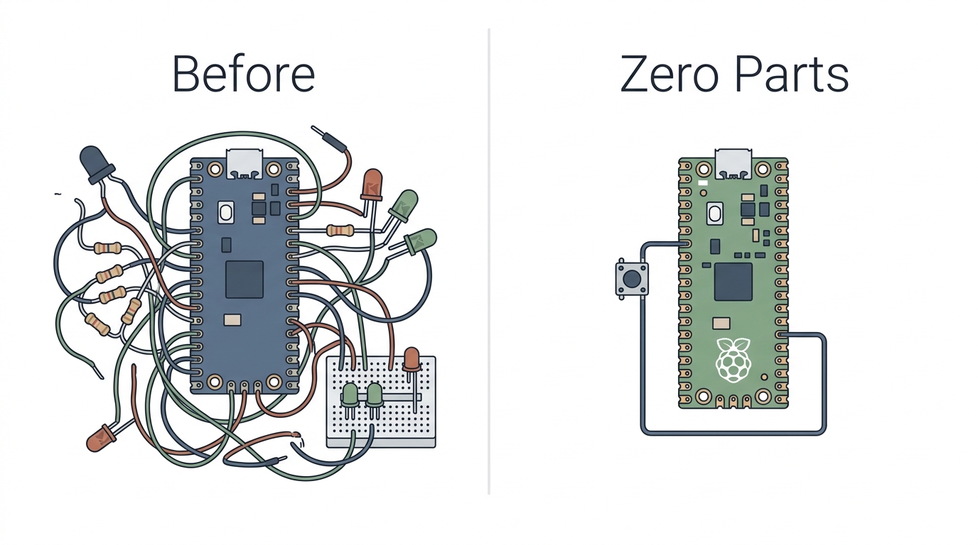 A clean explanatory infographic contrasting complex electronics with external pa