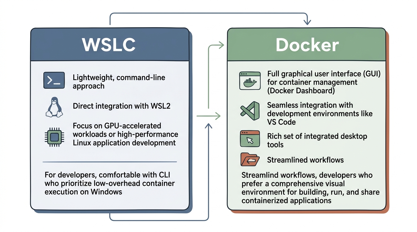 A simple, clean decision guide diagram showing when to choose WSL Containers